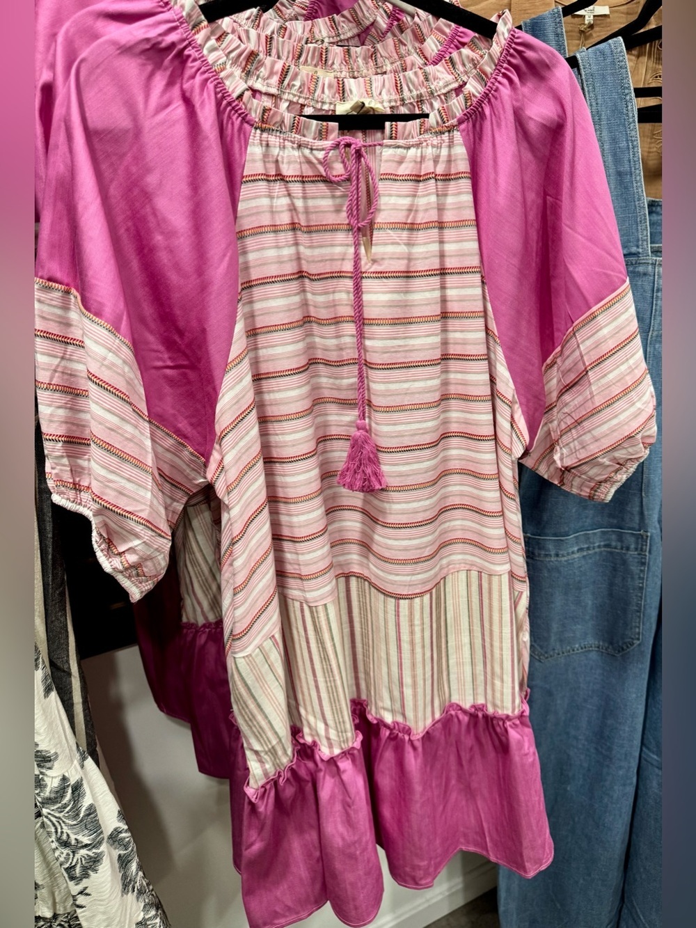 easel Pink & Cream Striped Tassel Dress